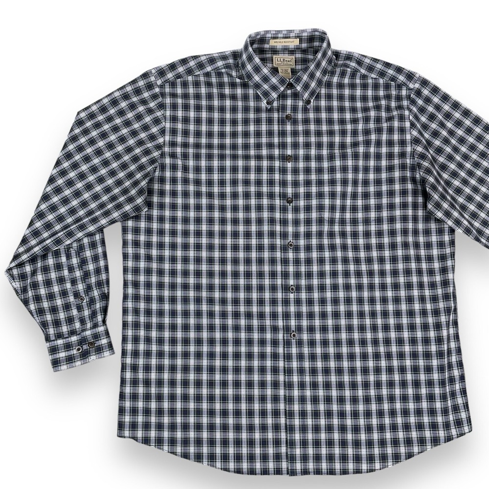 LL Bean Shirt Men XL Blue Plaid Long Sleeve Button Up Cotton